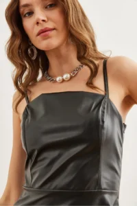 Olalook Women's Black Strappy Side Zipper Midi Faux Leather A-Line Dress - Image 6
