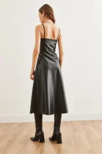 Olalook Women's Black Strappy Side Zipper Midi Faux Leather A-Line Dress - Image 7