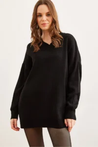 Olalook Women Black V-neck Knitwear Tunic Dress - Image 2