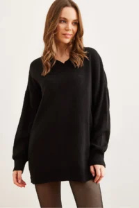 Olalook Women Black V-neck Knitwear Tunic Dress - Image 3