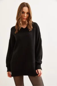 Olalook Women Black V-neck Knitwear Tunic Dress - Image 4