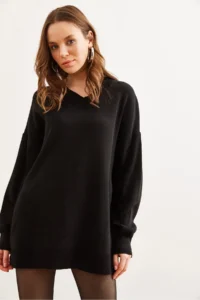 Olalook Women Black V-neck Knitwear Tunic Dress - Image 5