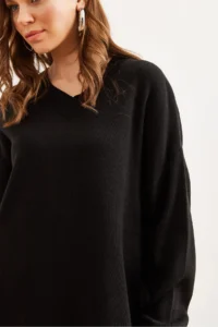 Olalook Women Black V-neck Knitwear Tunic Dress - Image 6
