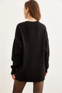 Olalook Women Black V-neck Knitwear Tunic Dress - Image 7