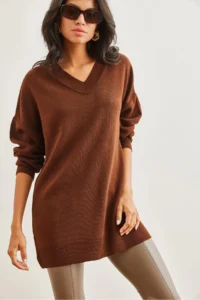 Olalook Women's Bitter Brown V-Neck Knitwear Tunic Dress