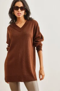 Olalook Women's Bitter Brown V-Neck Knitwear Tunic Dress - Image 2