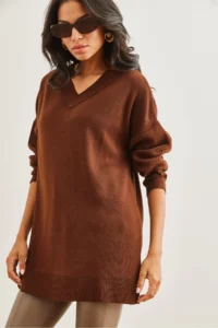 Olalook Women's Bitter Brown V-Neck Knitwear Tunic Dress - Image 3
