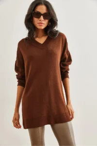 Olalook Women's Bitter Brown V-Neck Knitwear Tunic Dress - Image 5