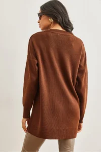 Olalook Women's Bitter Brown V-Neck Knitwear Tunic Dress - Image 6