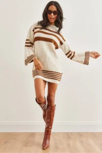 Olalook Women's Brown Stripe Detailed Soft Textured Knitwear Tunic Dress