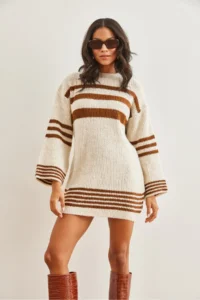 Olalook Women's Brown Stripe Detailed Soft Textured Knitwear Tunic Dress - Image 5