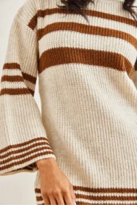 Olalook Women's Brown Stripe Detailed Soft Textured Knitwear Tunic Dress - Image 6