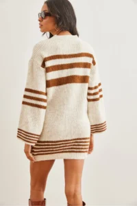 Olalook Women's Brown Stripe Detailed Soft Textured Knitwear Tunic Dress - Image 7