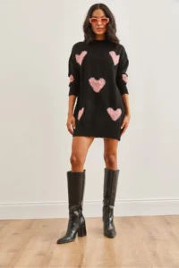 Olalook Women's Black Heart Detailed Soft Textured Knitwear Tunic Dress - Image 2