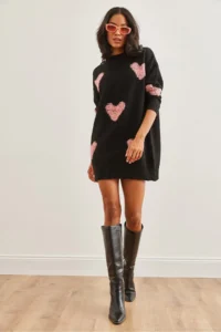Olalook Women's Black Heart Detailed Soft Textured Knitwear Tunic Dress - Image 3