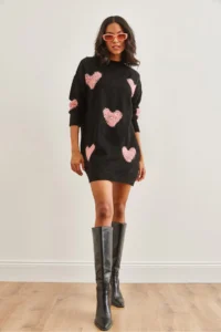 Olalook Women's Black Heart Detailed Soft Textured Knitwear Tunic Dress - Image 4