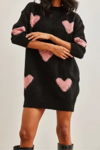 Olalook Women's Black Heart Detailed Soft Textured Knitwear Tunic Dress - Image 5