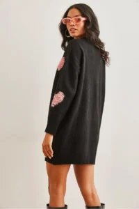 Olalook Women's Black Heart Detailed Soft Textured Knitwear Tunic Dress - Image 6
