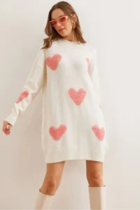 Olalook Women's Ecru Heart Detailed Soft Textured Knitwear Tunic Dress