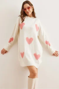 Olalook Women's Ecru Heart Detailed Soft Textured Knitwear Tunic Dress - Image 3