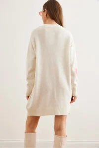 Olalook Women's Ecru Heart Detailed Soft Textured Knitwear Tunic Dress - Image 5