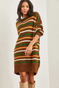 Olalook Women's Brown Color Striped Soft Textured Knitwear Tunic Dress