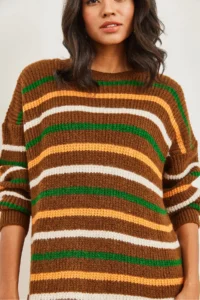 Olalook Women's Brown Color Striped Soft Textured Knitwear Tunic Dress - Image 2