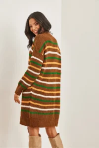 Olalook Women's Brown Color Striped Soft Textured Knitwear Tunic Dress - Image 3