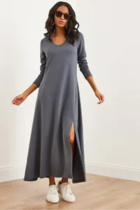 Olalook Women's Smoked V-neck Three-quarter Sleeve Slit Modal Tulle Maxi Dress