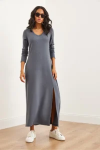 Olalook Women's Smoked V-neck Three-quarter Sleeve Slit Modal Tulle Maxi Dress - Image 2