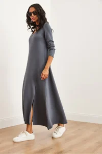 Olalook Women's Smoked V-neck Three-quarter Sleeve Slit Modal Tulle Maxi Dress - Image 3