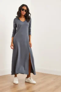 Olalook Women's Smoked V-neck Three-quarter Sleeve Slit Modal Tulle Maxi Dress - Image 4