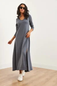 Olalook Women's Smoked V-neck Three-quarter Sleeve Slit Modal Tulle Maxi Dress - Image 5