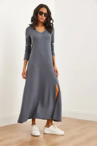 Olalook Women's Smoked V-neck Three-quarter Sleeve Slit Modal Tulle Maxi Dress - Image 6