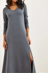 Olalook Women's Smoked V-neck Three-quarter Sleeve Slit Modal Tulle Maxi Dress - Image 7