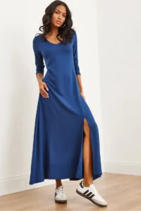Olalook Women's Navy Blue V-neck Three-quarter Sleeve Slit Modal Tulle Maxi Dress