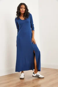 Olalook Women's Navy Blue V-neck Three-quarter Sleeve Slit Modal Tulle Maxi Dress - Image 2