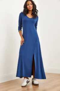 Olalook Women's Navy Blue V-neck Three-quarter Sleeve Slit Modal Tulle Maxi Dress - Image 3