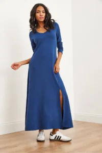 Olalook Women's Navy Blue V-neck Three-quarter Sleeve Slit Modal Tulle Maxi Dress - Image 4