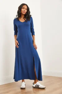 Olalook Women's Navy Blue V-neck Three-quarter Sleeve Slit Modal Tulle Maxi Dress - Image 5