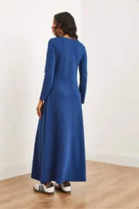 Olalook Women's Navy Blue V-neck Three-quarter Sleeve Slit Modal Tulle Maxi Dress - Image 6
