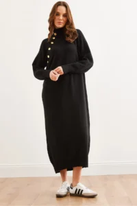 Olalook Women's Black Collar Detachable Button Detailed Maxi Knitwear Dress