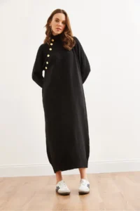 Olalook Women's Black Collar Detachable Button Detailed Maxi Knitwear Dress - Image 2