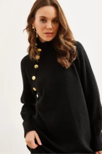 Olalook Women's Black Collar Detachable Button Detailed Maxi Knitwear Dress - Image 3