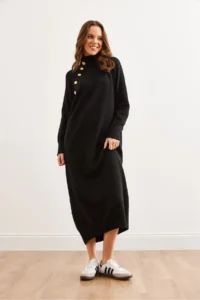 Olalook Women's Black Collar Detachable Button Detailed Maxi Knitwear Dress - Image 5