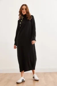 Olalook Women's Black Collar Detachable Button Detailed Maxi Knitwear Dress - Image 6