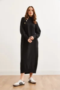 Olalook Women's Black Collar Detachable Button Detailed Maxi Knitwear Dress - Image 7