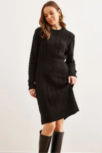 Olalook Women's Black Waist Banded Slit Hair Knitted Mini Dress