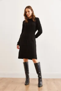 Olalook Women's Black Waist Banded Slit Hair Knitted Mini Dress - Image 2