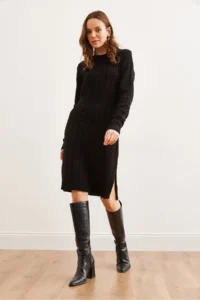 Olalook Women's Black Waist Banded Slit Hair Knitted Mini Dress - Image 3